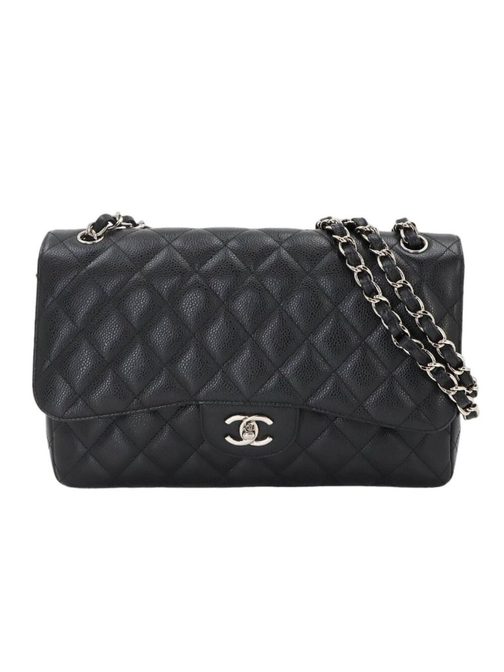 Chanel Quilted 30 Chain Shoulder Bag Caviar Leather Black Silver